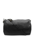 Black duffel bag with a strap on a white background