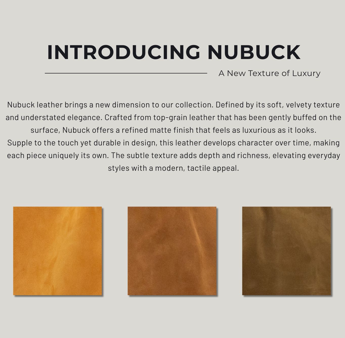 Text-heavy promotional graphic introducing 'Nubuck' leather, with a paragraph of descriptive copy and four square leather swatches shown along the bottom on a light gray background.