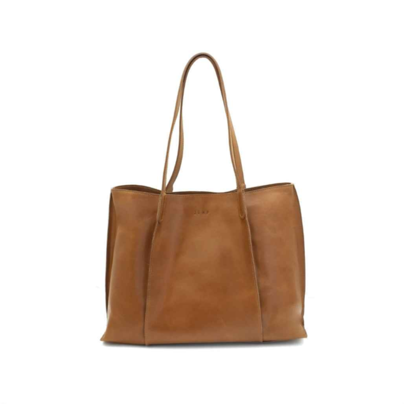 Brown leather tote bag on a white background