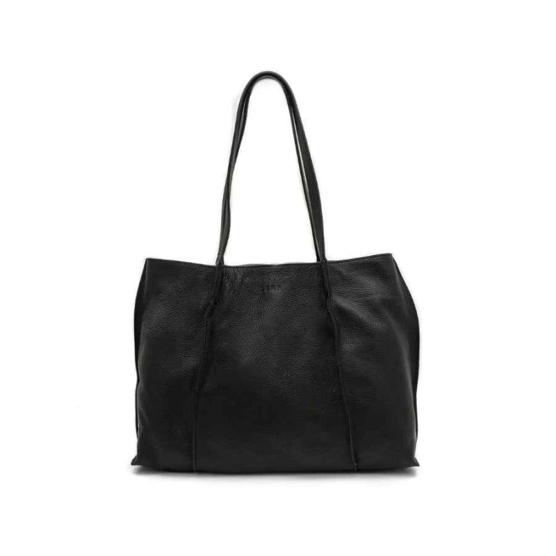 Black leather tote bag on a white background