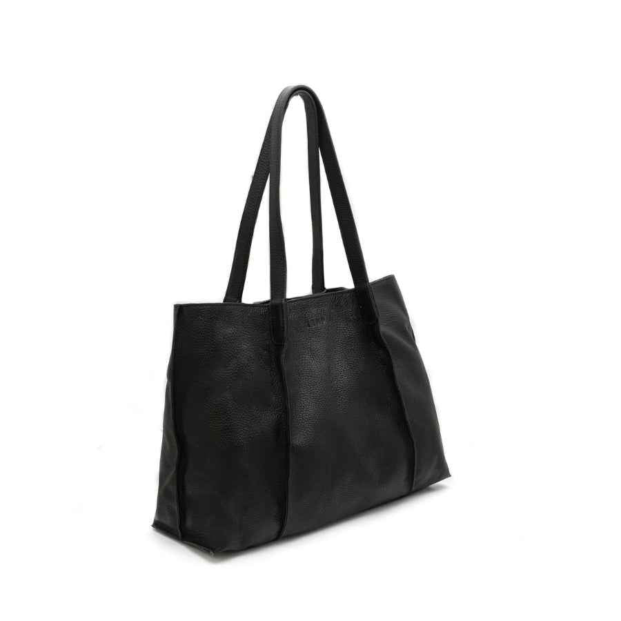 Black leather tote bag on a white background