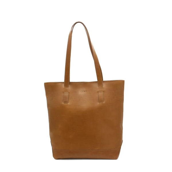 Brown leather tote bag on a white background