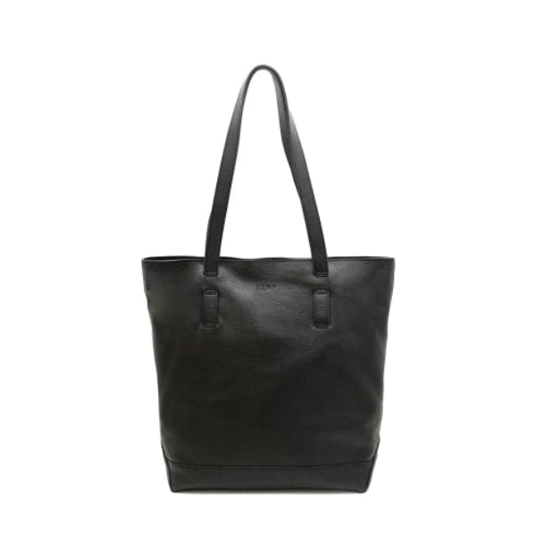 Black leather tote bag on a white background