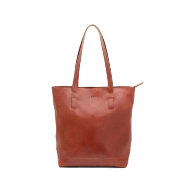 Brown leather tote bag on a white background