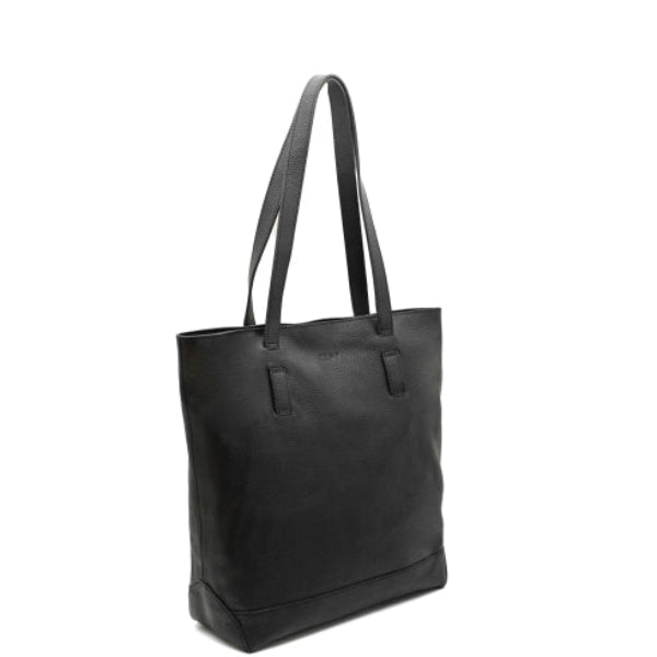 Black tote bag with shoulder straps on a white background
