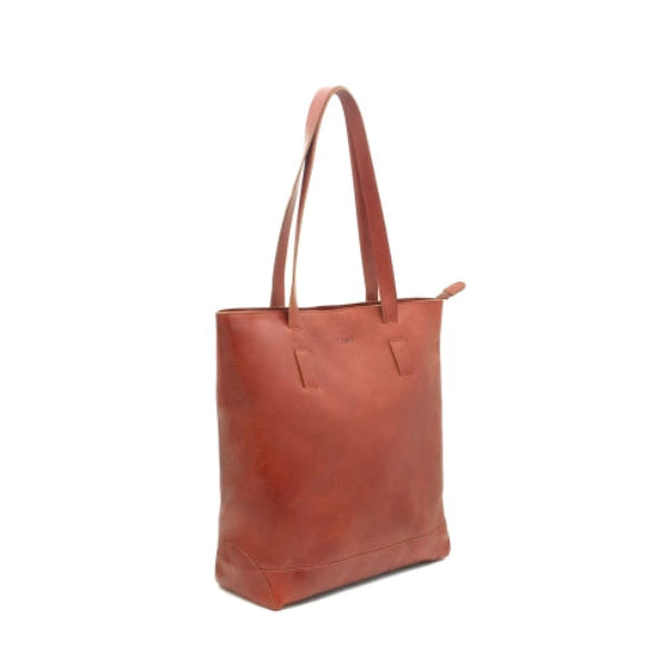 Brown leather tote bag on a white background
