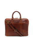 Chestnut leather briefcase with a shoulder strap on a white background