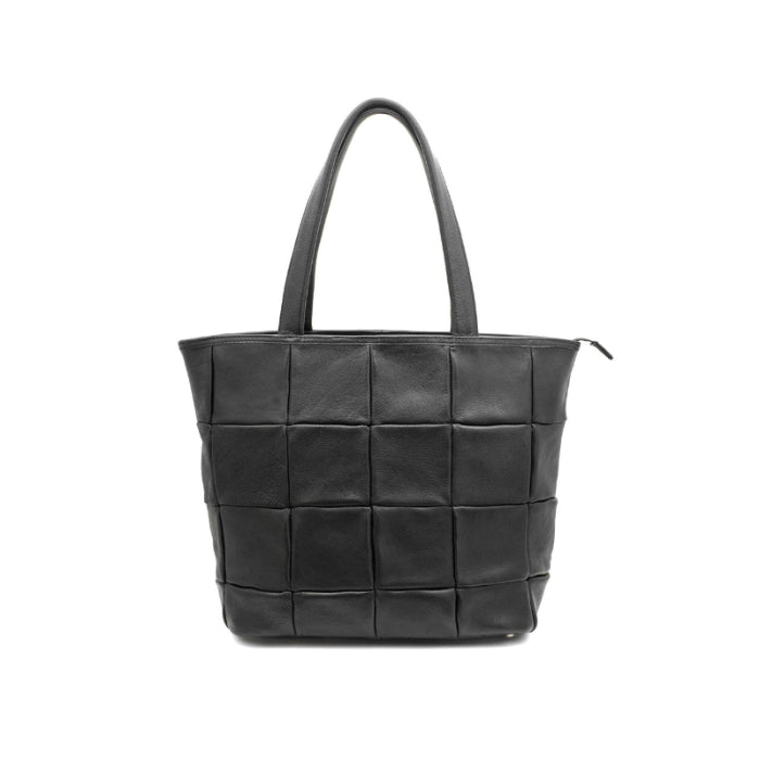 Black woven handbag on a white background