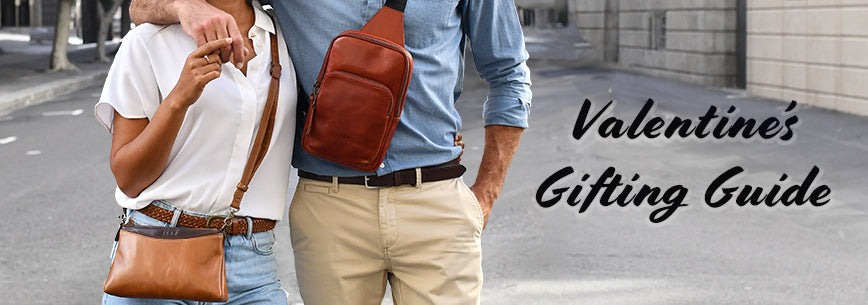Two people walking on a street with brown leather bags, labeled 'Valentine's Gifting Guide'.